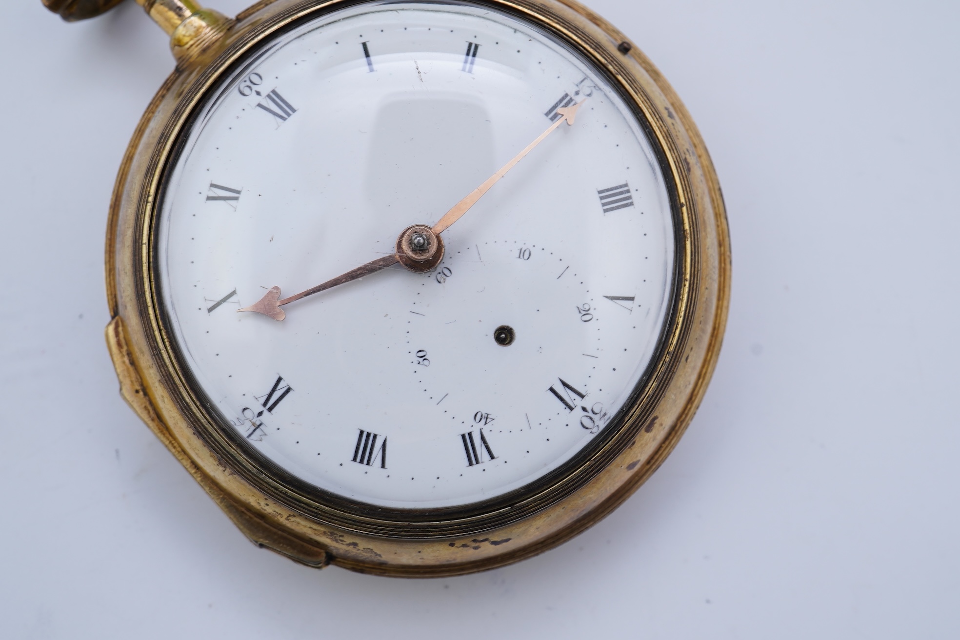A George III silver gilt pair cased rack lever keywind pocket watch by P. Litherland & Co, Liverpool, with Roman dial and subsidiary seconds (hand missing)